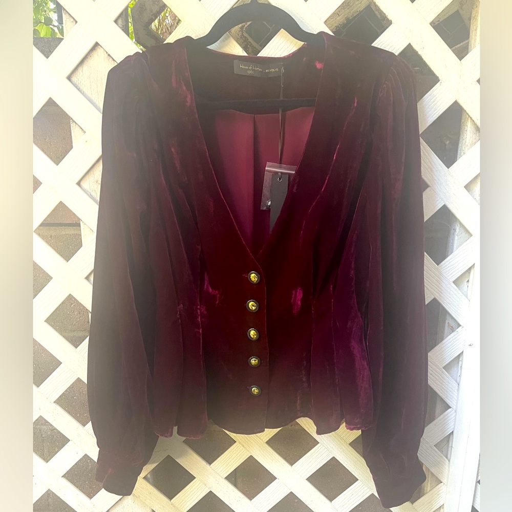 House of Harlow 1960 X Revolve Wine Red Velvet Blouse with Gold Buttons in XL
